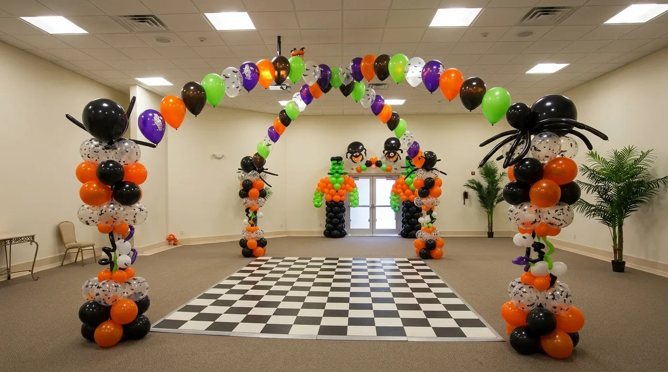 Orange, black, green and purple Halloween balloon arches with spider toppers framing a checkerboard dance floor, New Jersey