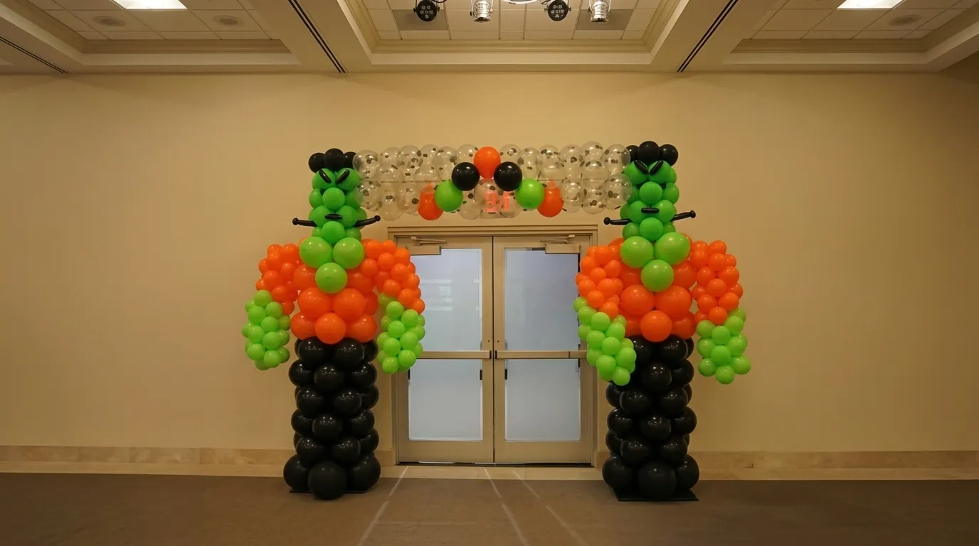 Halloween balloon arch with two green, orange and black monster figures framing a doorway, New Jersey