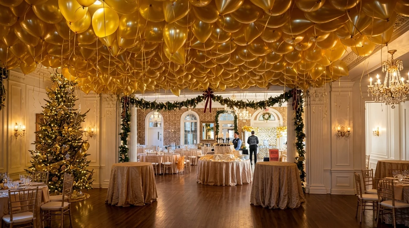 Gold balloon ceiling with hanging ribbons over a holiday ballroom with a Christmas tree and garlands, New Jersey