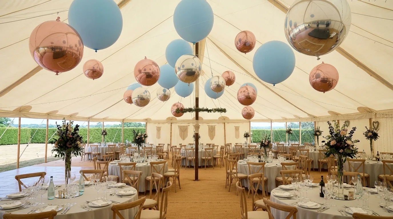 Jumbo pastel blue, rose gold and silver orb balloons floating beneath the canopy of a tented reception, New Jersey