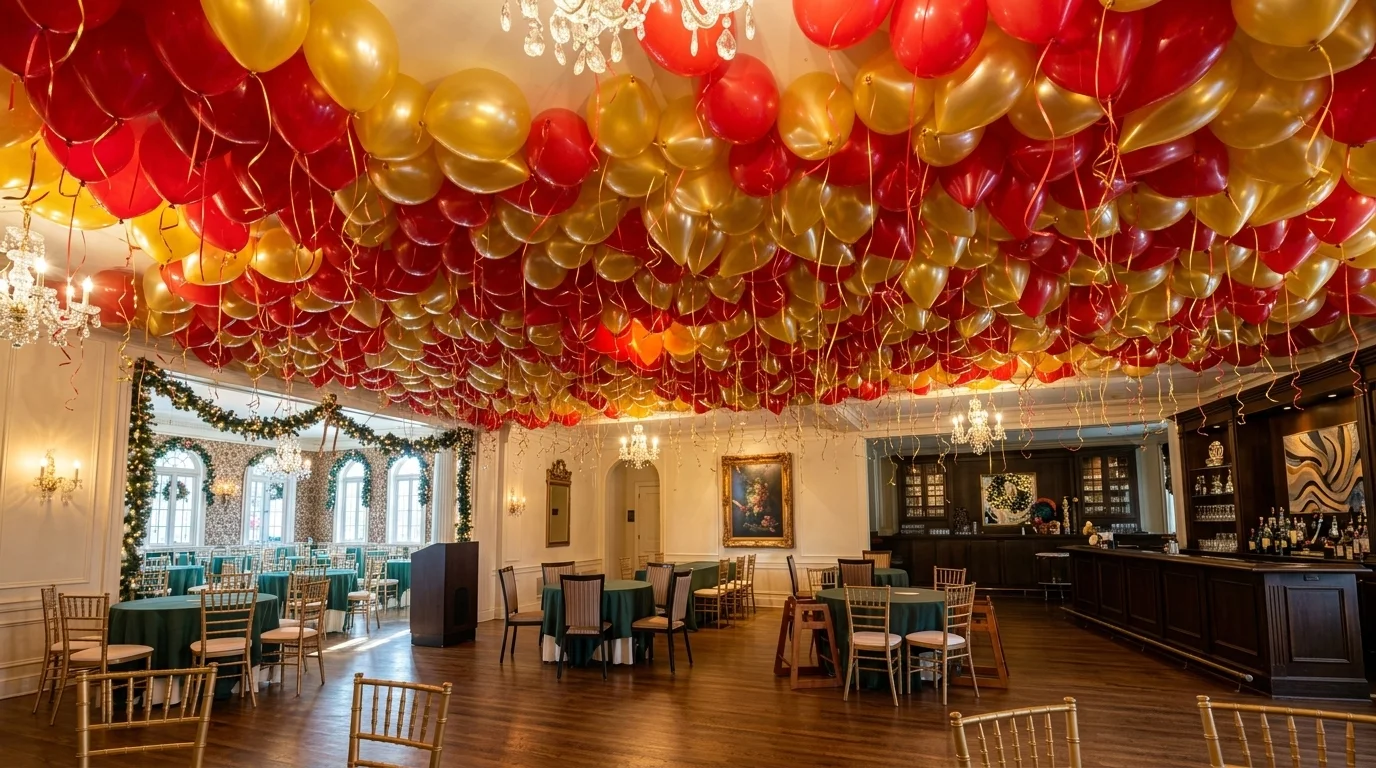 Red and gold balloon ceiling with hanging ribbons over a holiday ballroom, New Jersey