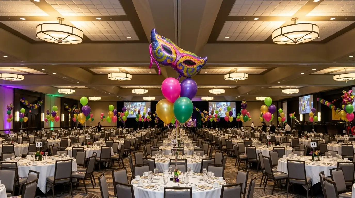 Purple, green, gold and pink balloon centerpieces topped with Mardi Gras mask foils across a ballroom gala