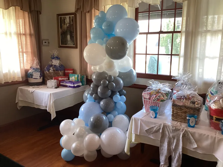 Organic blue, gray and white balloon column at a baby shower, New Jersey
