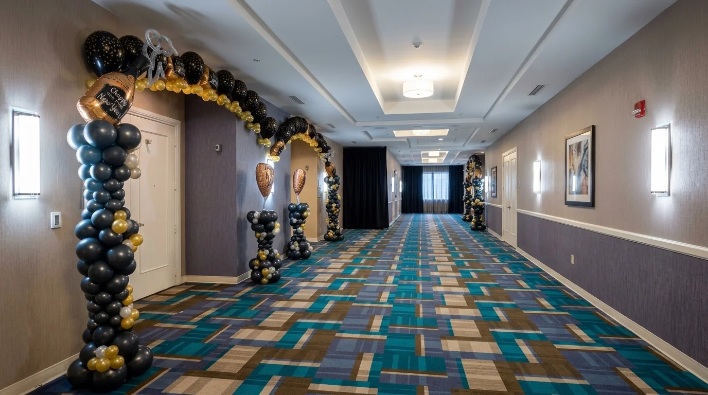 Black and gold balloon columns joined by a garland with Cheers to the New Year champagne balloons along a hotel hallway, New Jersey
