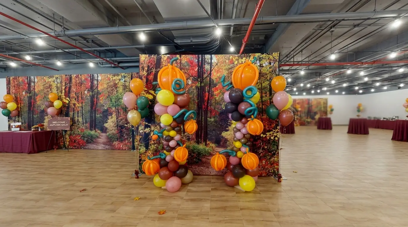 Balloon columns topped with orange pumpkin balloons and teal vine curls in front of an autumn forest backdrop at a fall gala, New Jersey