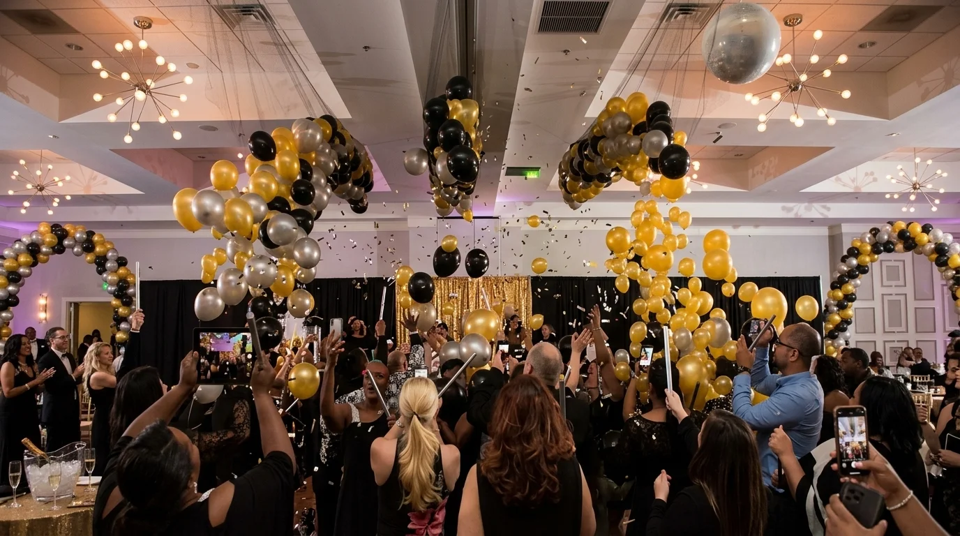 Gold, black and silver balloon drop with confetti over a New Year&rsquo;s Eve ballroom celebration, New Jersey