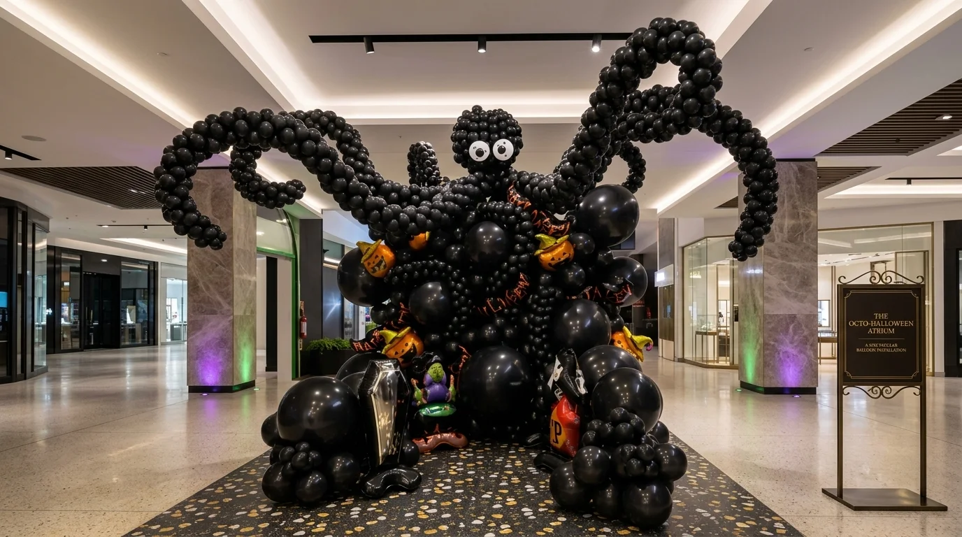 Giant black octopus balloon sculpture with pumpkin and coffin accents in a shopping mall atrium for Halloween