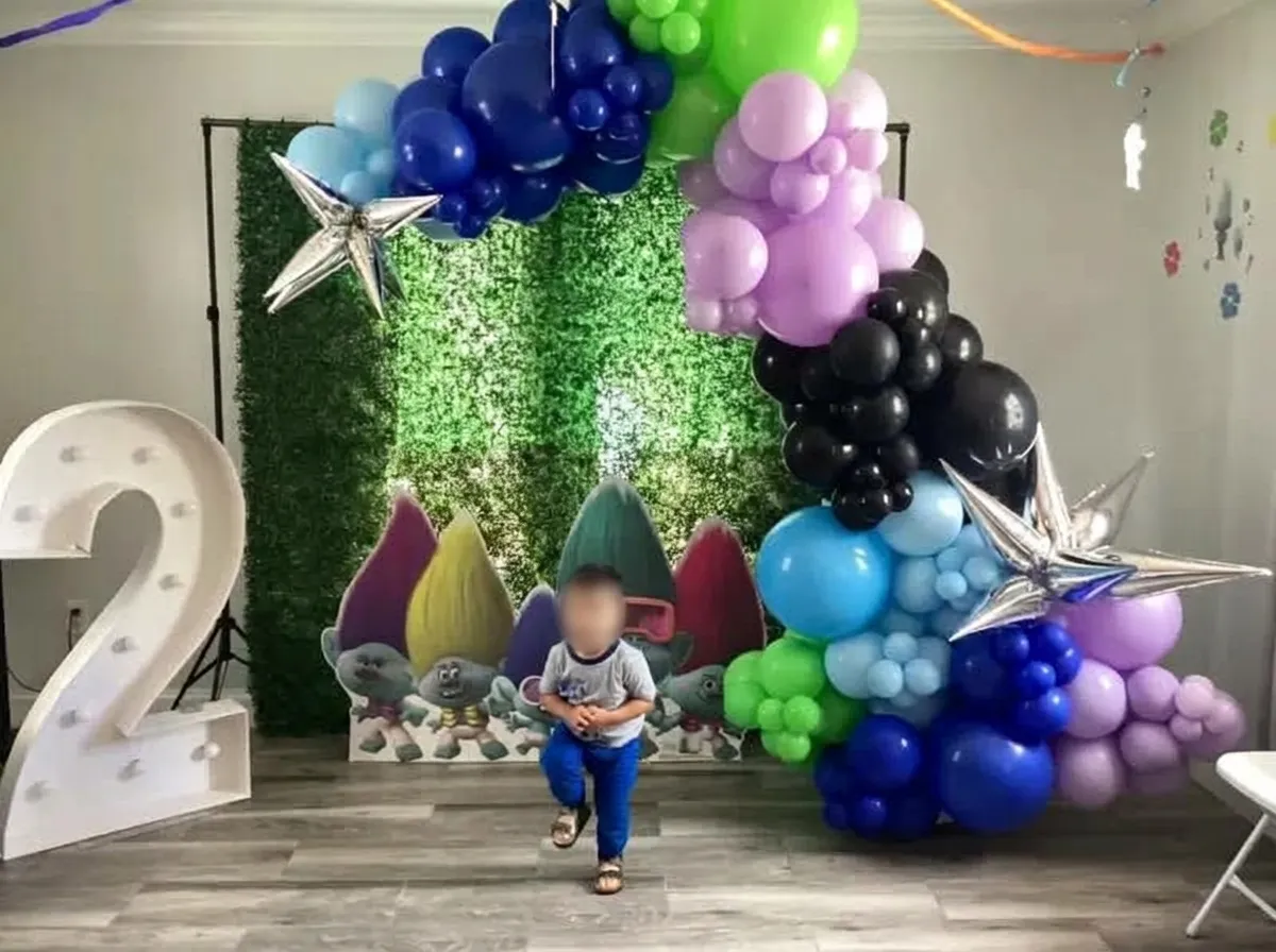 Trolls themed organic balloon garland backdrop for a kids birthday party, New Jersey