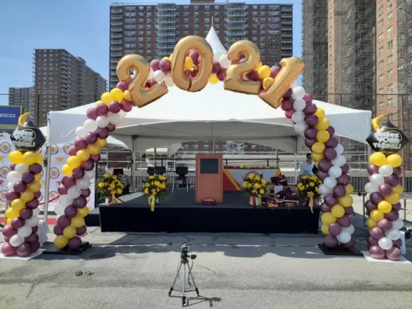 Outdoor graduation balloon arch with 2021 letters, New Jersey