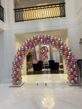 Pink and silver balloon arch with number 18, New Jersey