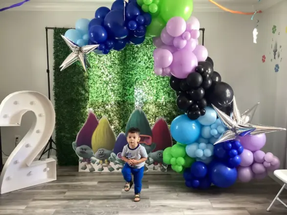 Organic balloon garland for a Trolls birthday party, New Jersey