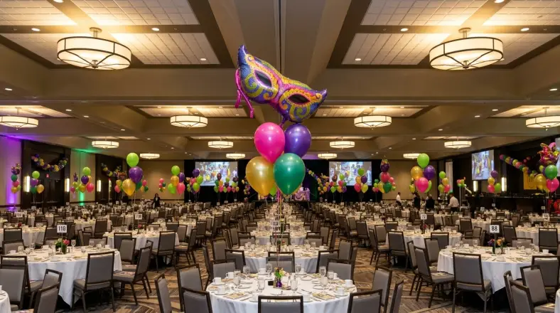 Purple, green, gold and pink balloon centerpieces topped with Mardi Gras mask foils across a ballroom gala, New Jersey