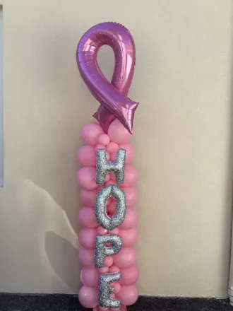Pink HOPE balloon column with a pink ribbon topper, New Jersey