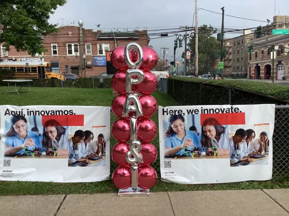 Foil letter balloon column at an outdoor school event, New Jersey