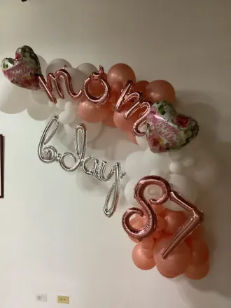 Rose gold and white balloon garland for a birthday, New Jersey